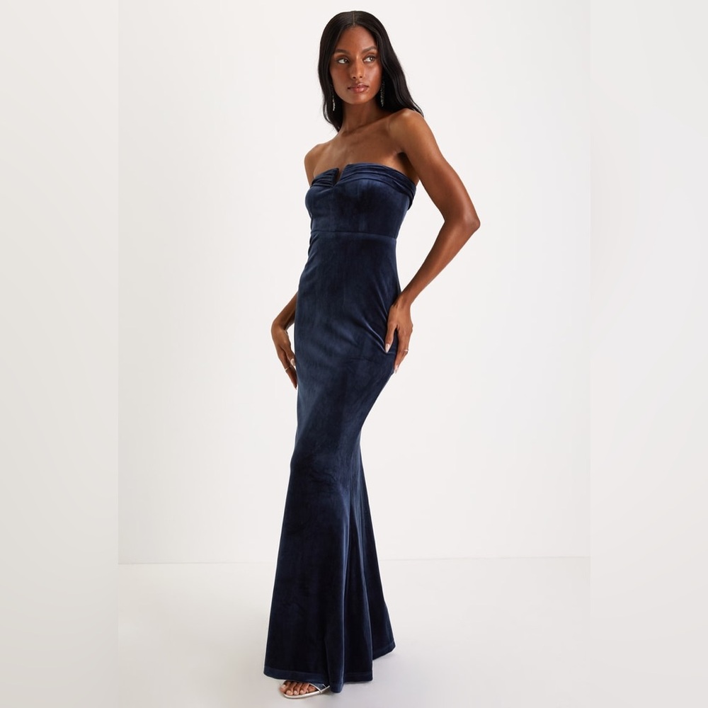 Definite Drama Midnight Blue Velvet Strapless Maxi Dress